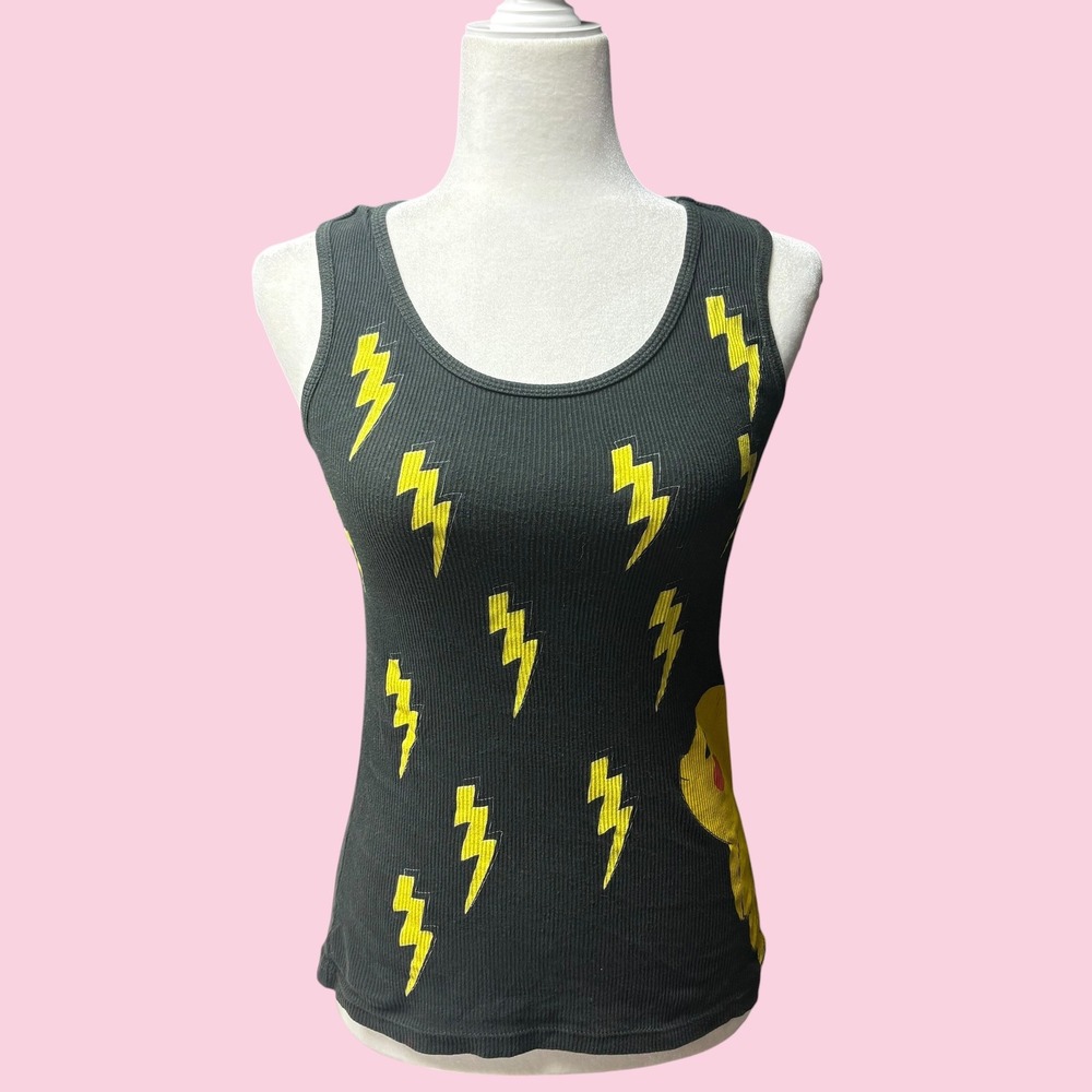 Vintage Pokemon Pikachu Lightning Bolt Ribbed Tank Top Black Women Small